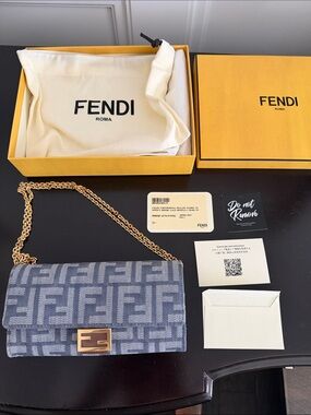 Fendi denim FF Jacquard Chain Shoulder Wallet with Gold Hardware